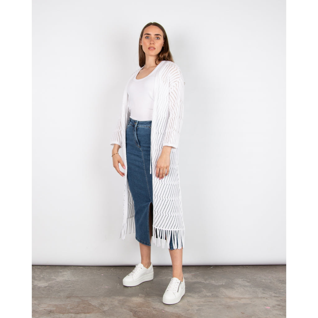 Riani Zigzag Crochet Tassel Hem Long Cardigan White
