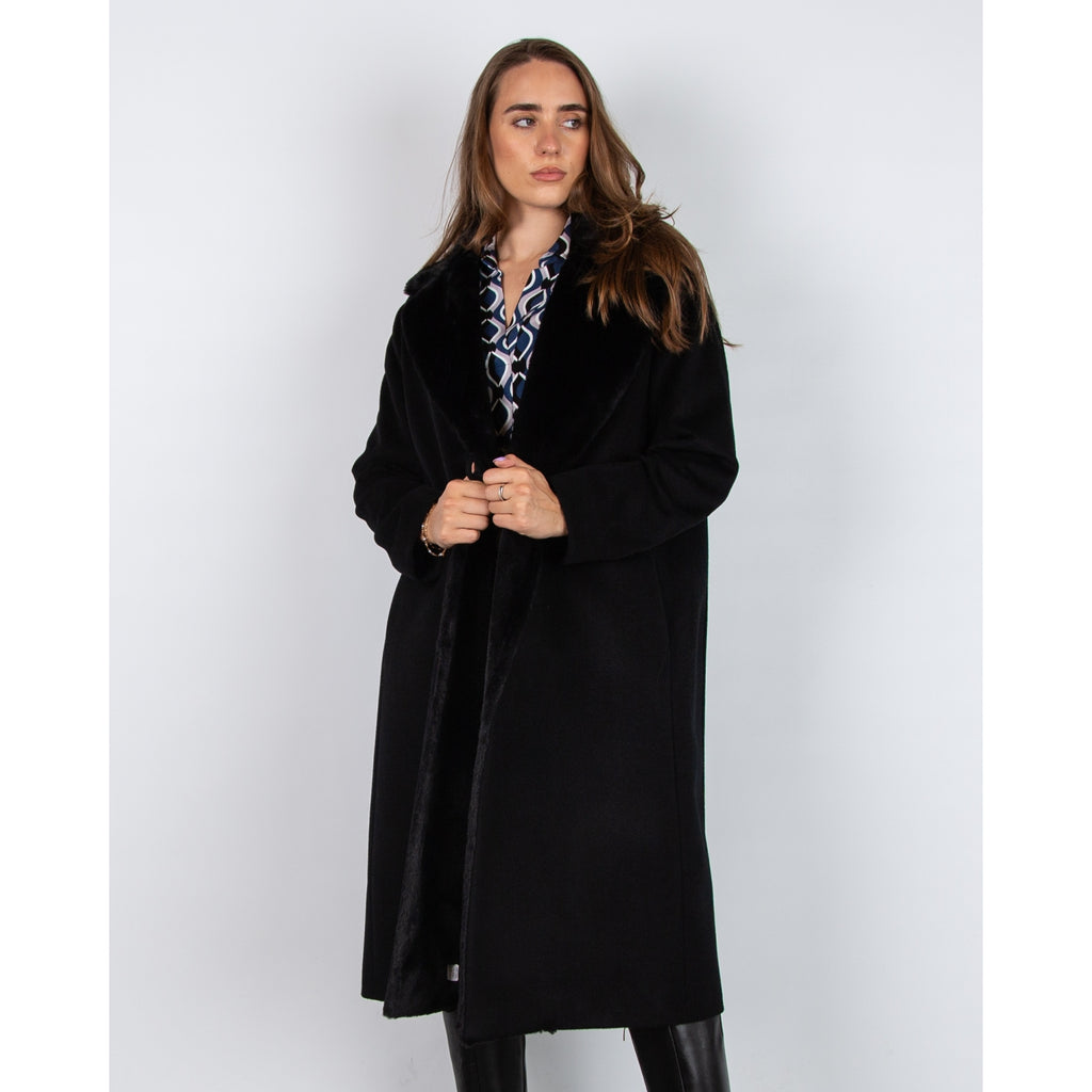Cinzia Rocca Long Wool Coat With Faux Fur Lapel Black
