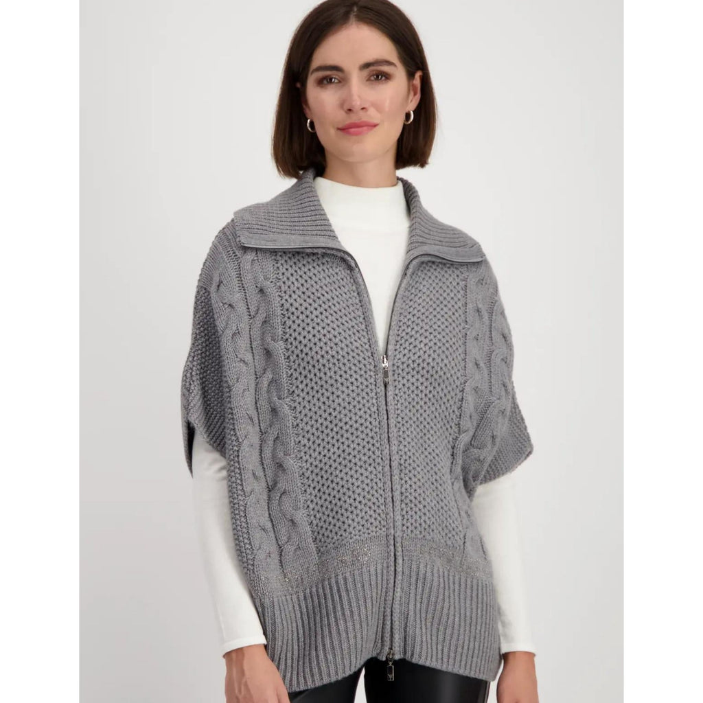 Monari Cable Zip Front Short Sleeve Knitted Jacket Grey