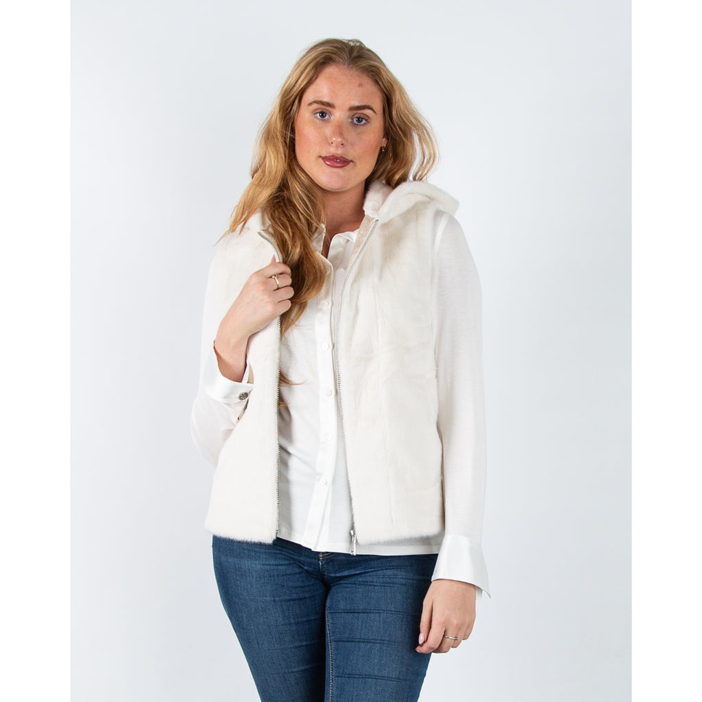 Giovanni Vicky Faux Fur Zip Through Gilet With Hood Ecru