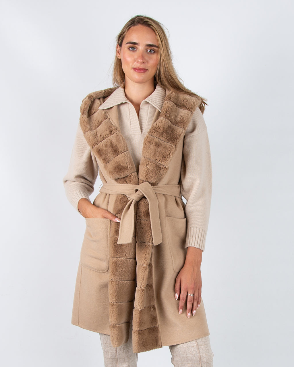Marella Emme Formosa Faux Wool Belted Gilet With Faux Fur Trim