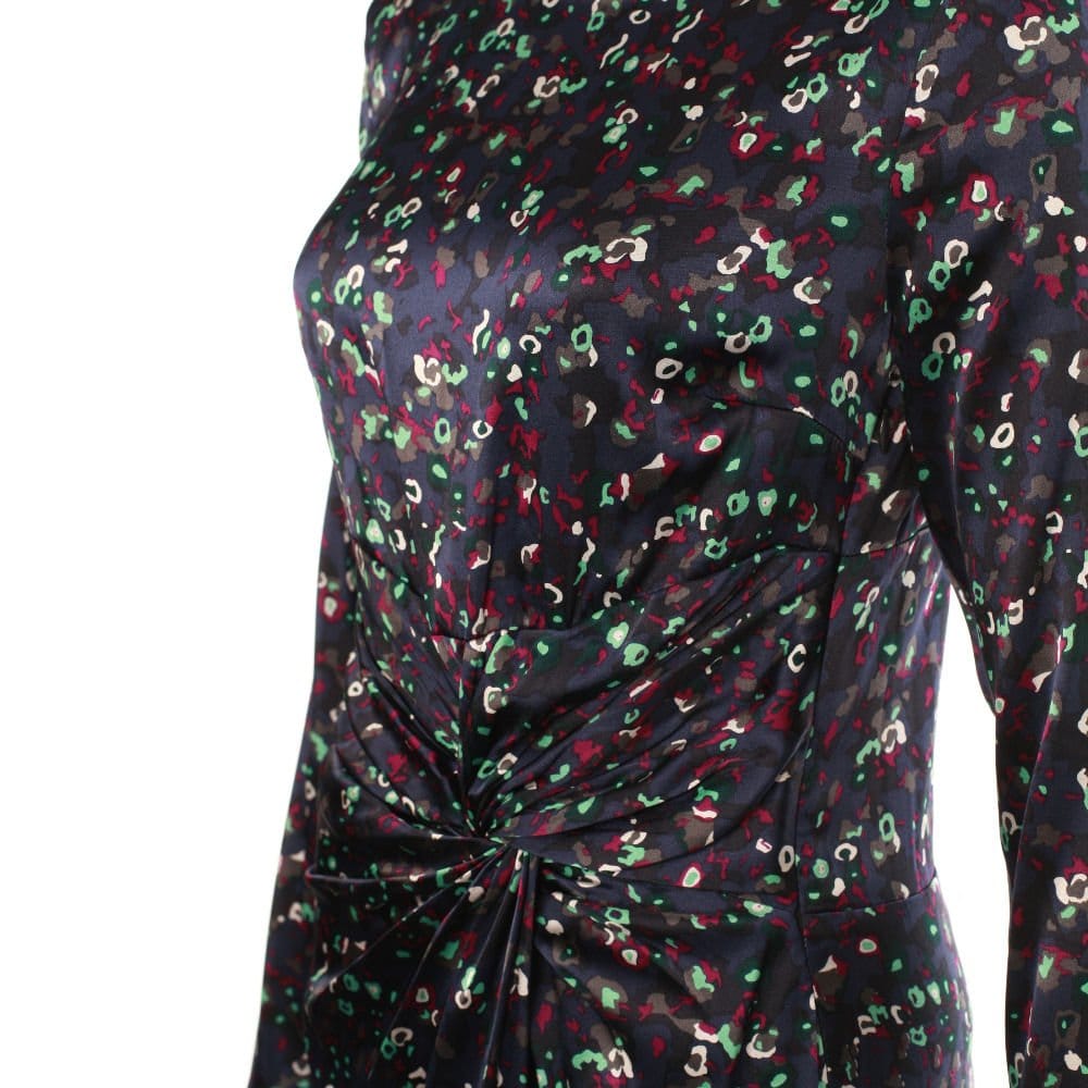 Oui Knot Front Silk Print Dress In Navy And Green (NO STOCK)