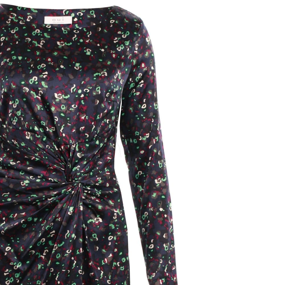 Oui Knot Front Silk Print Dress In Navy And Green (NO STOCK)