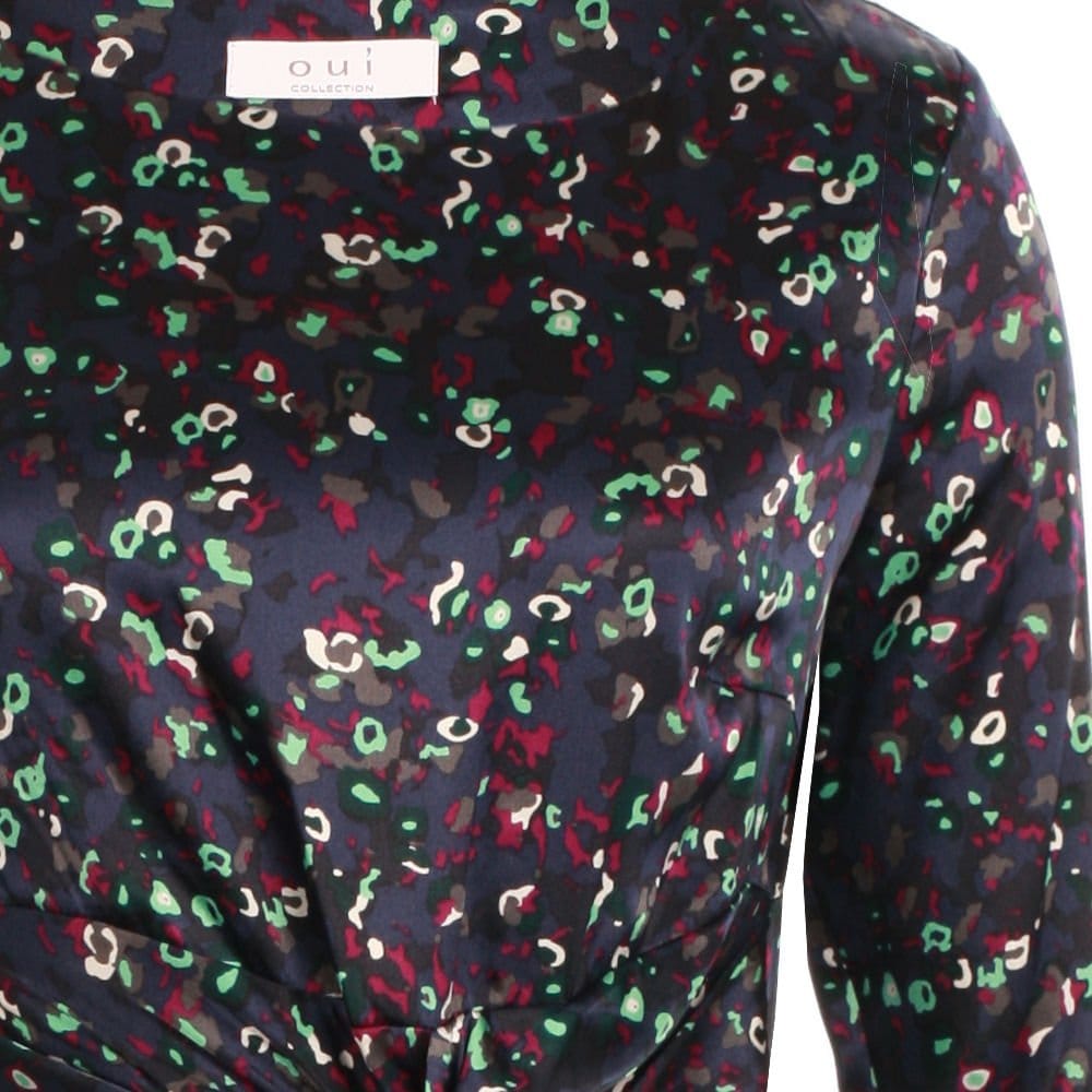 Oui Knot Front Silk Print Dress In Navy And Green (NO STOCK)