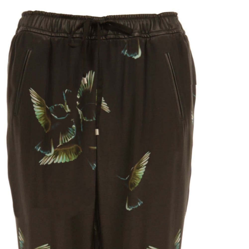 SET Leather Elasticated Waist Bird Print Silk Pant Black/green