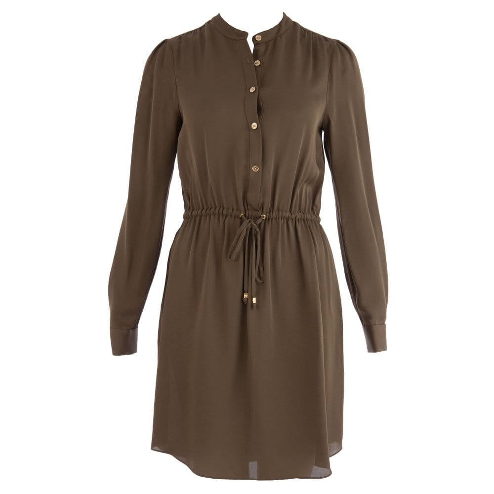 Michael Kors Long Sleeved Elasticated Tie Waist Silk Shirt Dress Khaki