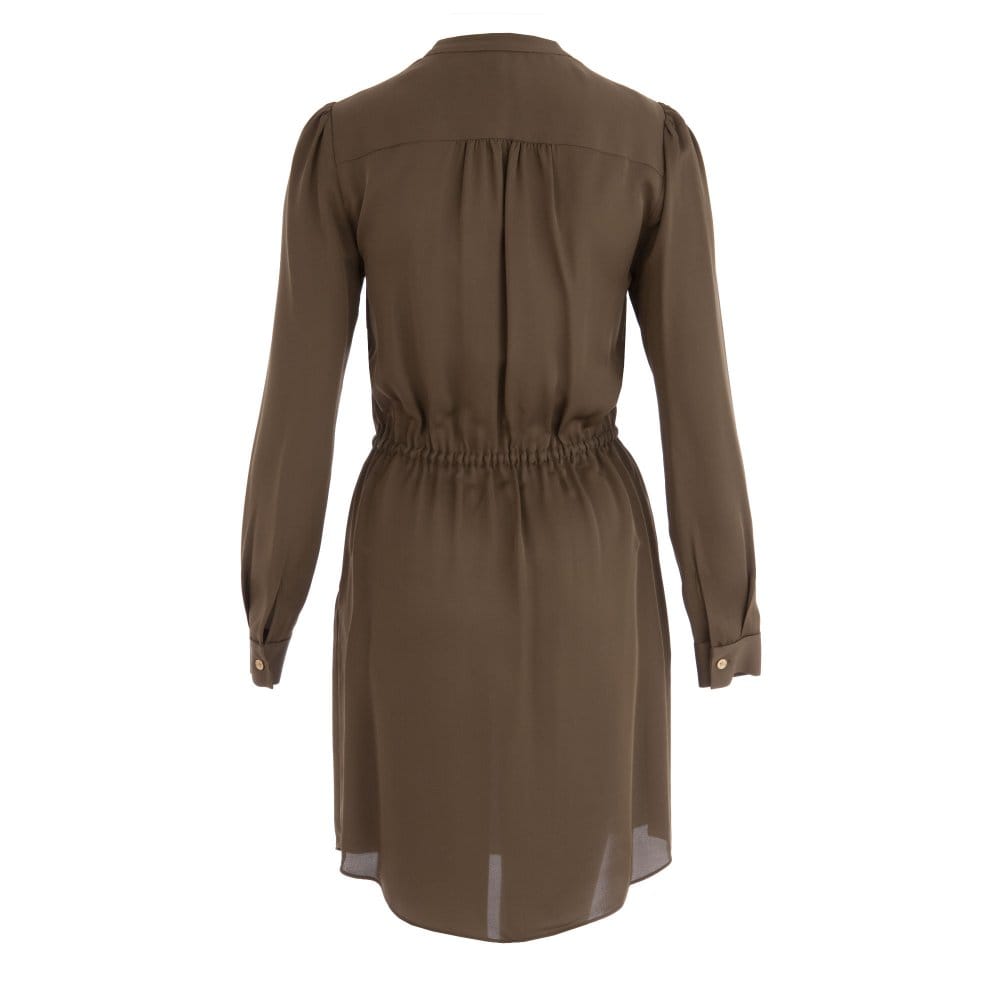 Michael Kors Long Sleeved Elasticated Tie Waist Silk Shirt Dress Khaki
