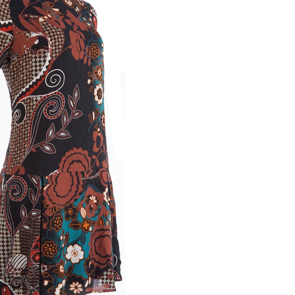 Caractere Retro Print 3/4 Frill Sleeve Dress Brown/Multi