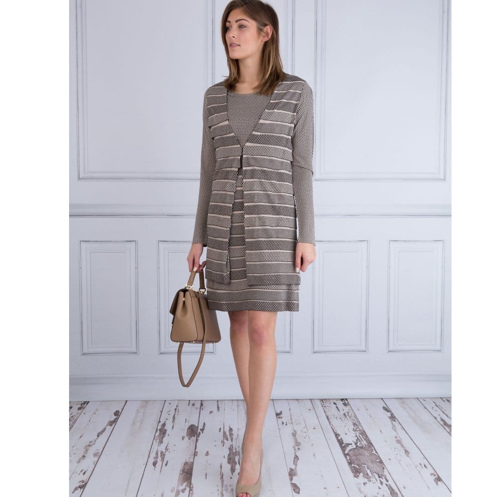 Riani Geometric Print Tiered Waffle Long Cardigan Beige & Black