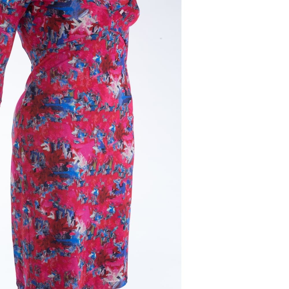 Isabel De Pedro 3/4 Sleeve Double V Neck Jersey Fitted Dress Pink/Blue
