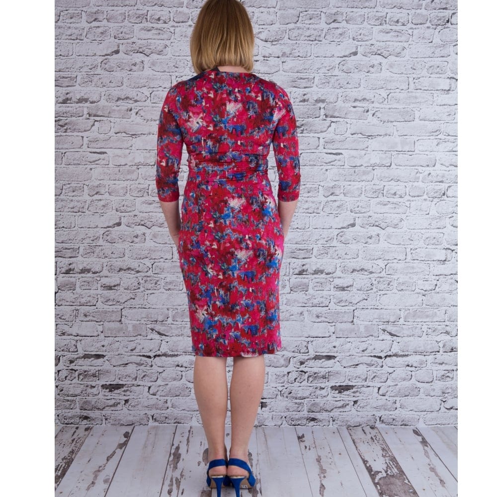 Isabel De Pedro 3/4 Sleeve Double V Neck Jersey Fitted Dress Pink/Blue