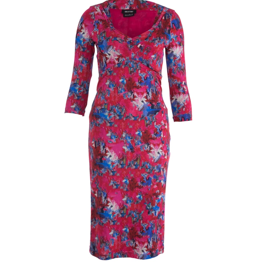 Isabel De Pedro 3/4 Sleeve Double V Neck Jersey Fitted Dress Pink/Blue