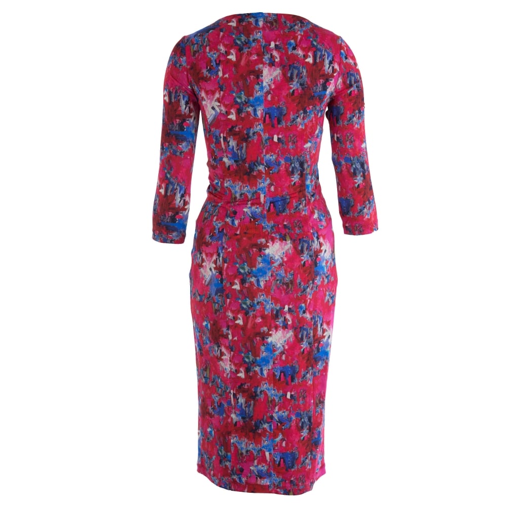 Isabel De Pedro 3/4 Sleeve Double V Neck Jersey Fitted Dress Pink/Blue