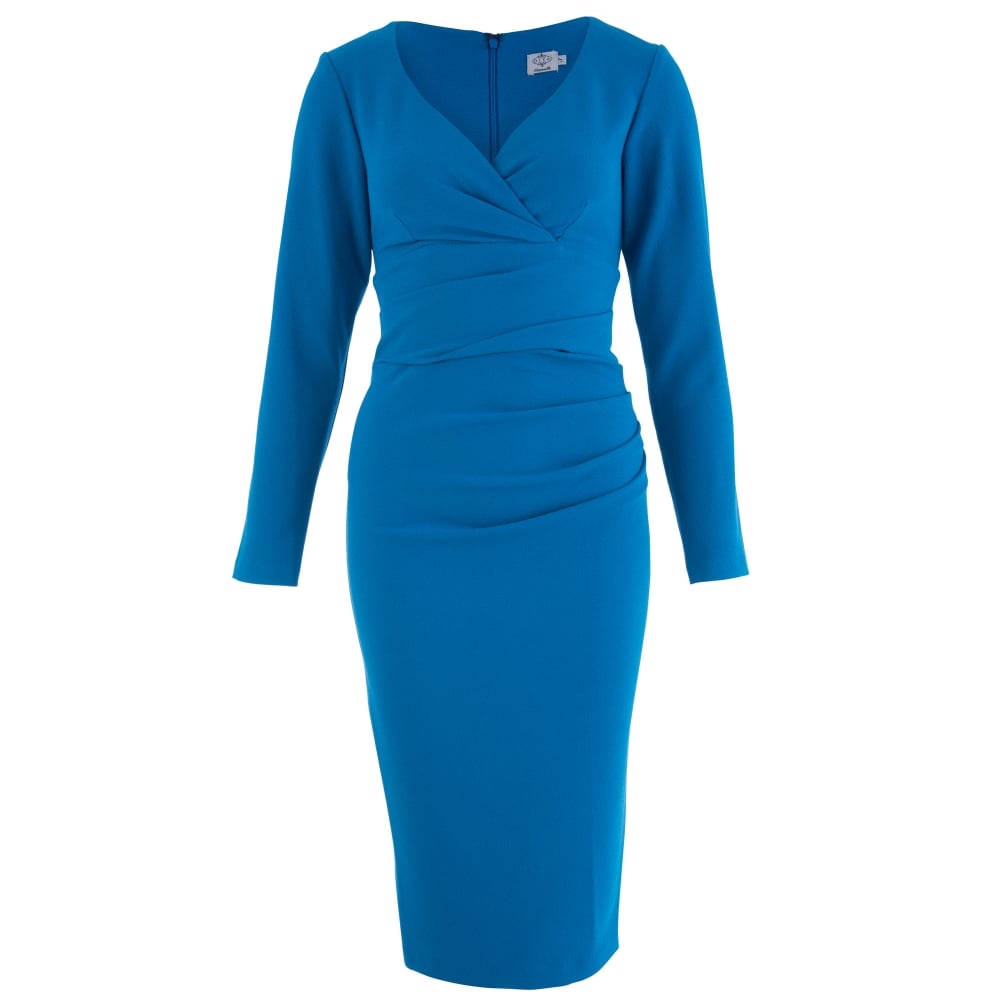 Diva Cynthia V-Neck Long Sleeved Ruched Side Fitted Dress Teal