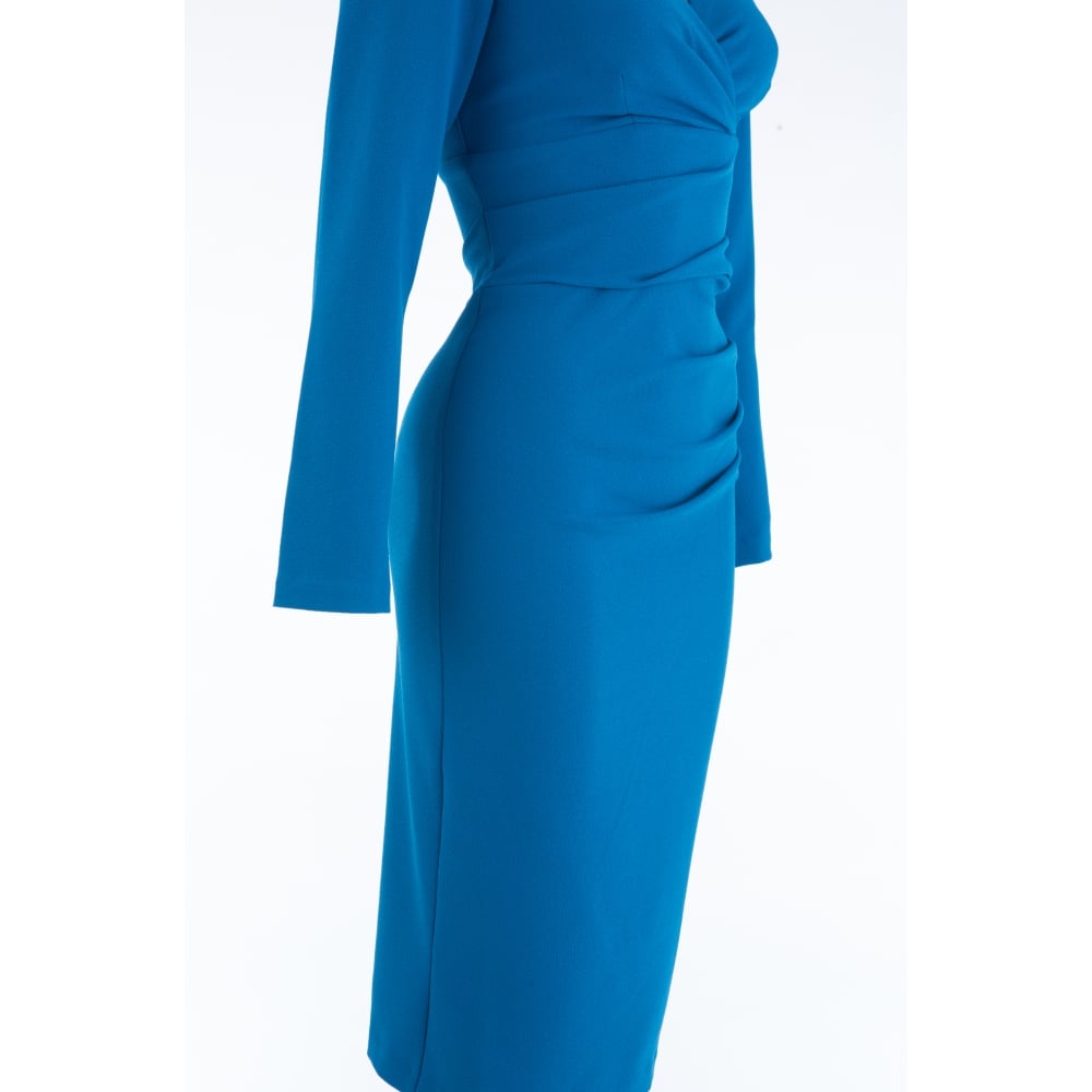 Diva Cynthia V-Neck Long Sleeved Ruched Side Fitted Dress Teal