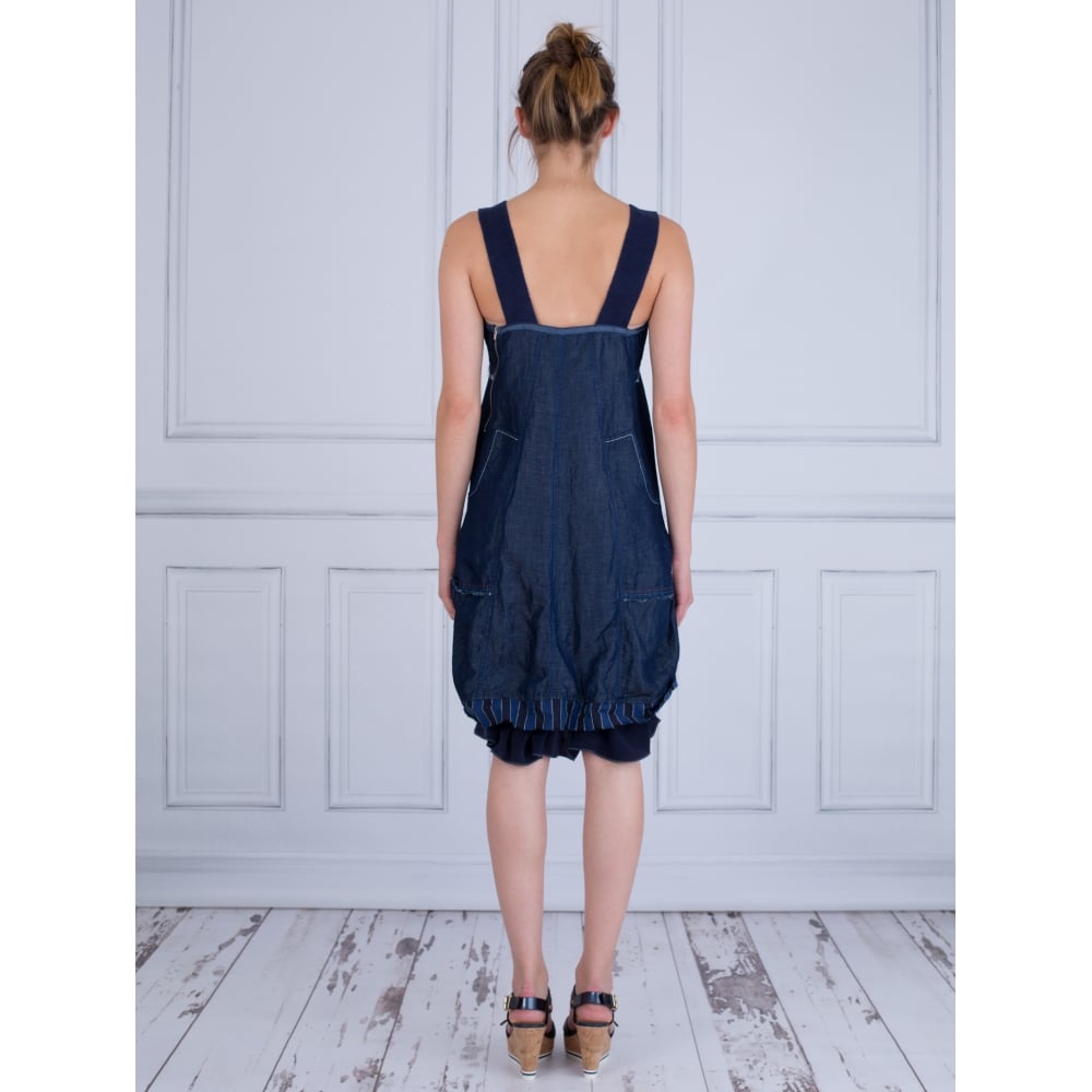 Crea Concept Denim Look Strap Dress With Balloon Hem Navy