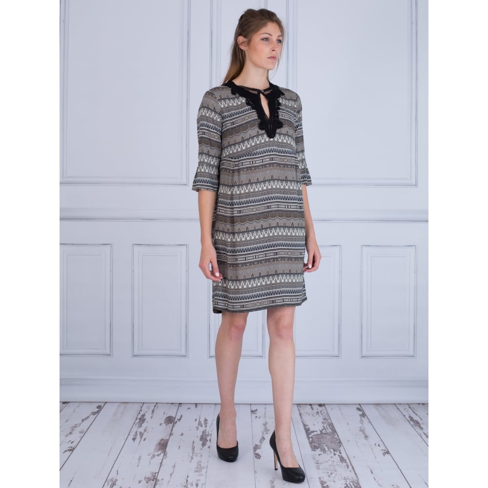 Riani Lace Front Empire Line Moroccan Print Dress Black/Olive