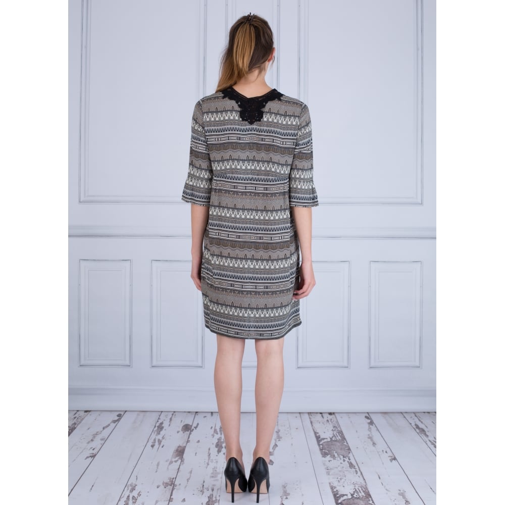 Riani Lace Front Empire Line Moroccan Print Dress Black/Olive