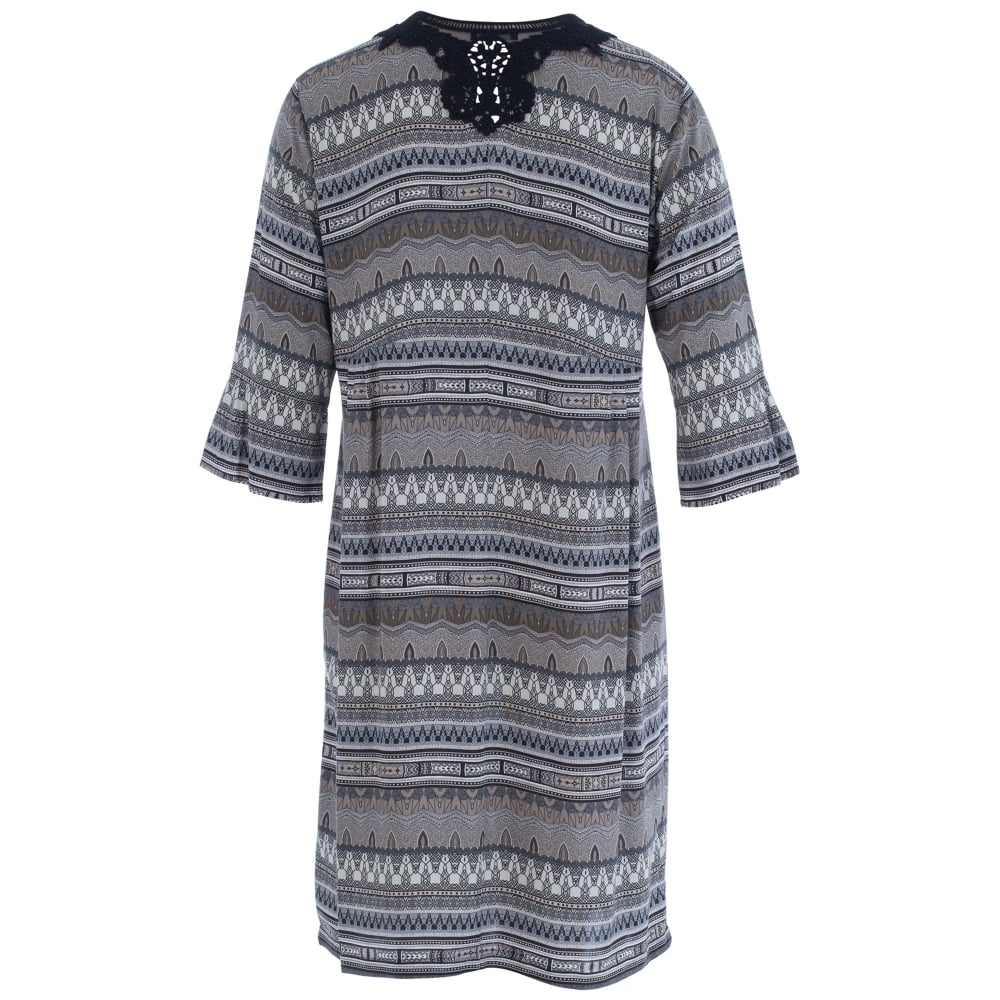 Riani Lace Front Empire Line Moroccan Print Dress Black/Olive