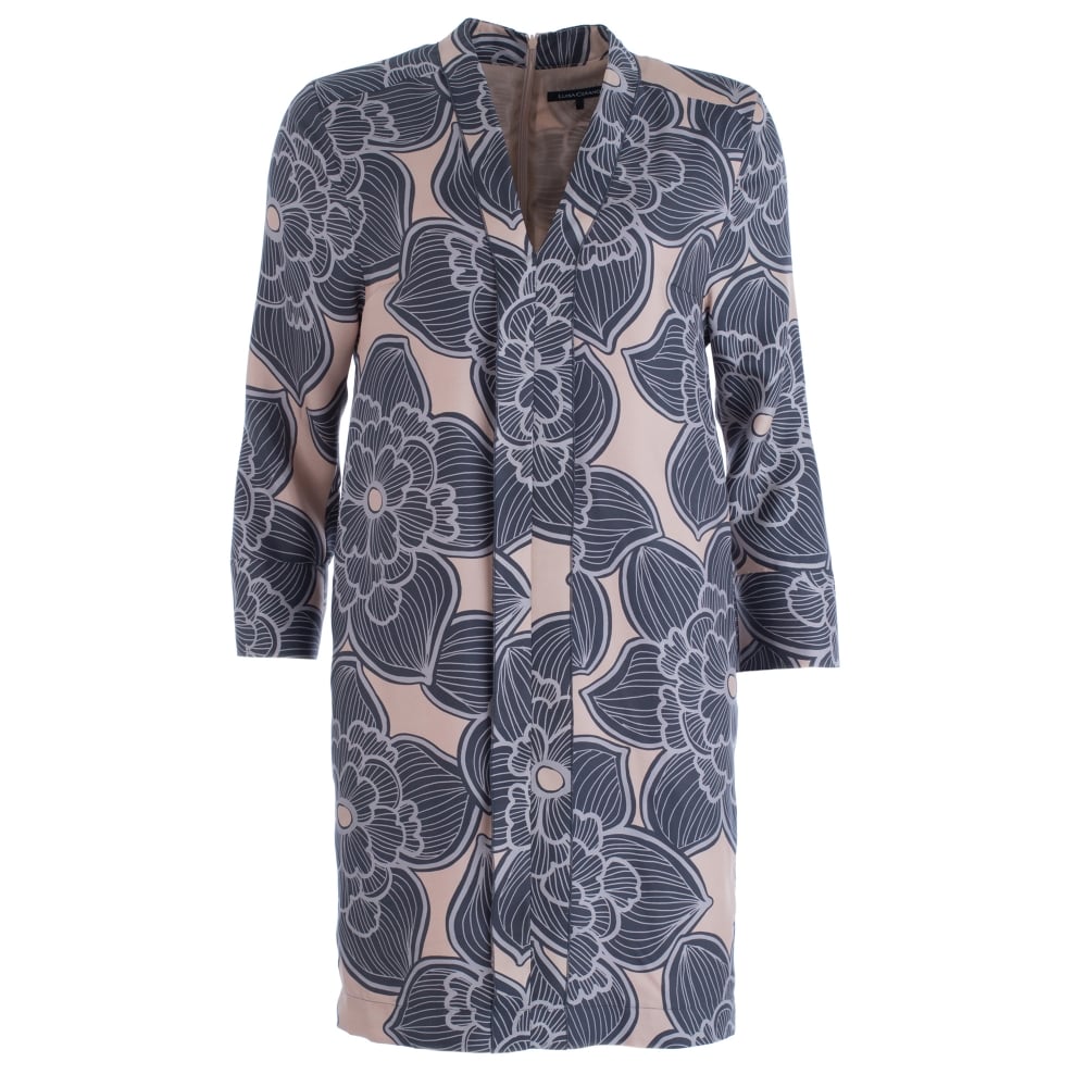Luisa Cerano Floral Silk Print Cocoon Dress With Pleat Grey/Nude