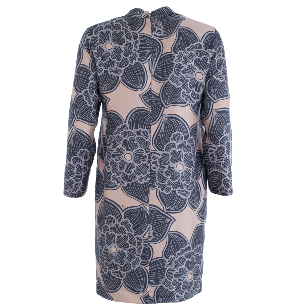 Luisa Cerano Floral Silk Print Cocoon Dress With Pleat Grey/Nude