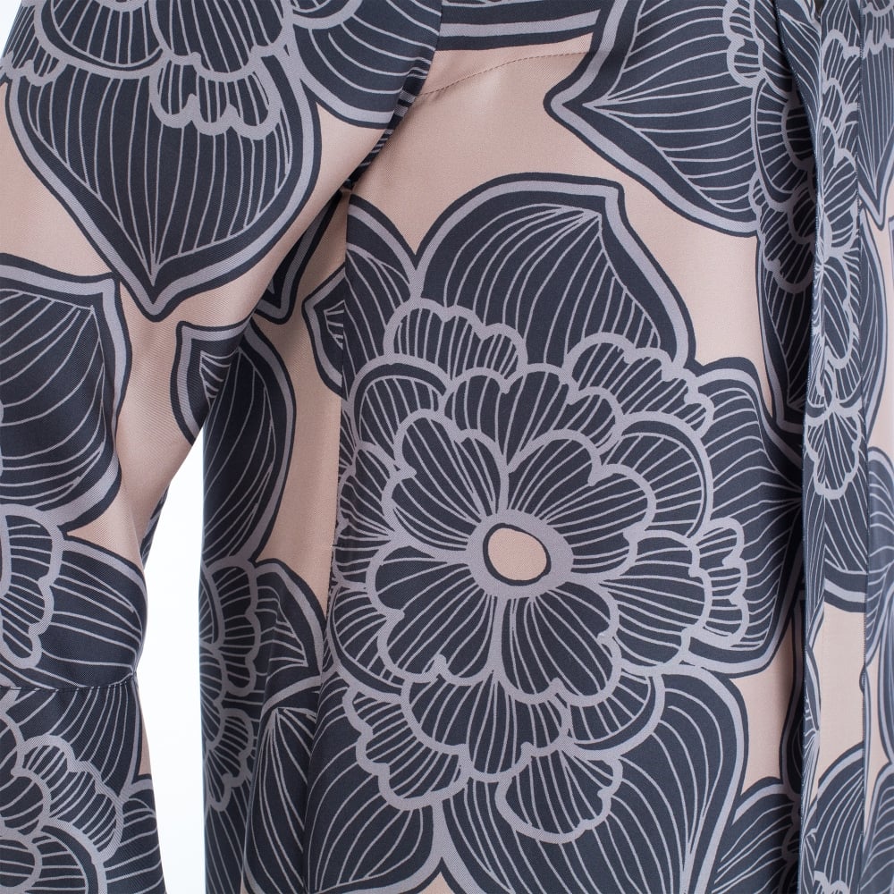 Luisa Cerano Floral Silk Print Cocoon Dress With Pleat Grey/Nude