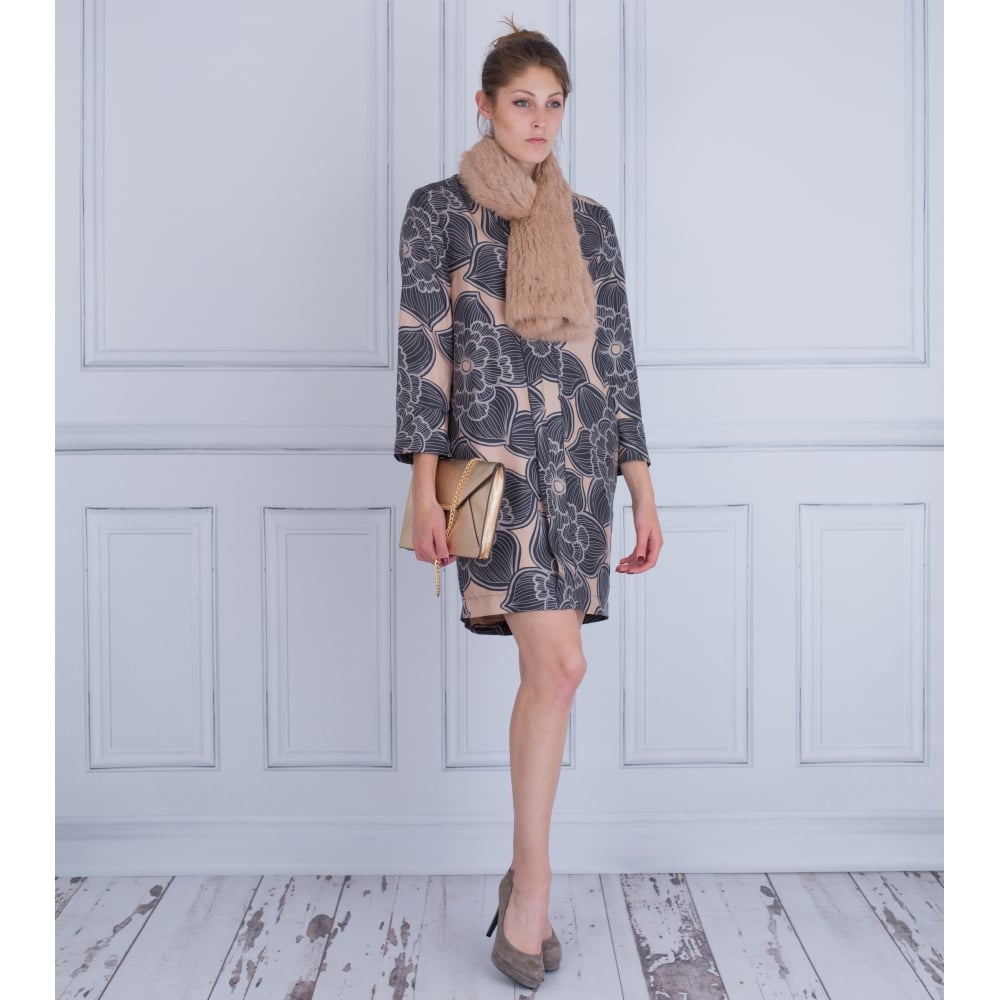 Luisa Cerano Floral Silk Print Cocoon Dress With Pleat Grey/Nude
