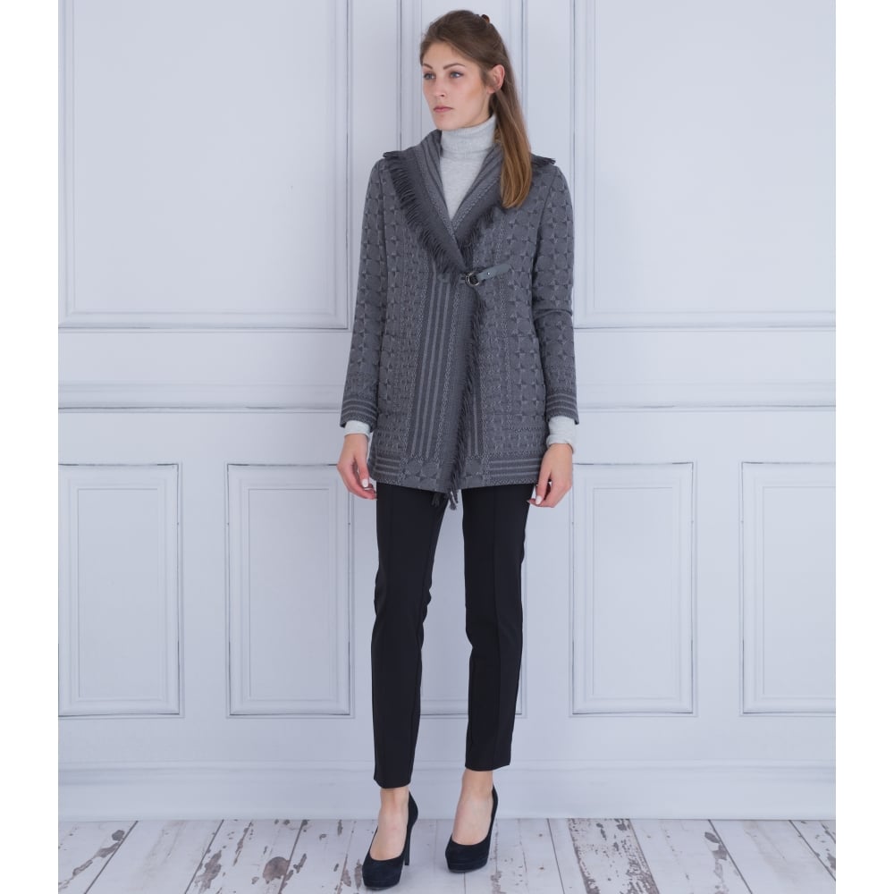 Riani Fringed Drape Collar Jacket With Belt Grey