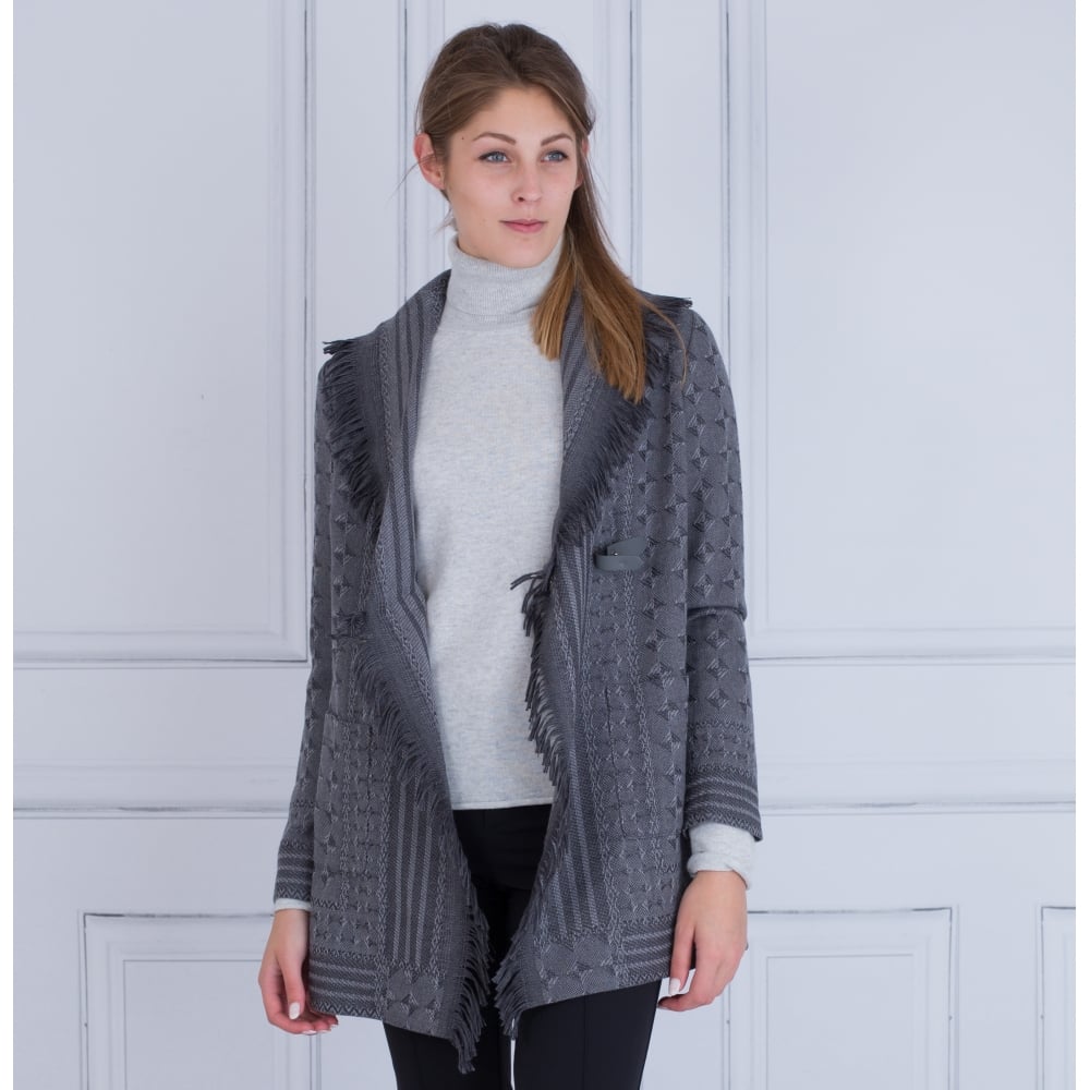 Riani Fringed Drape Collar Jacket With Belt Grey