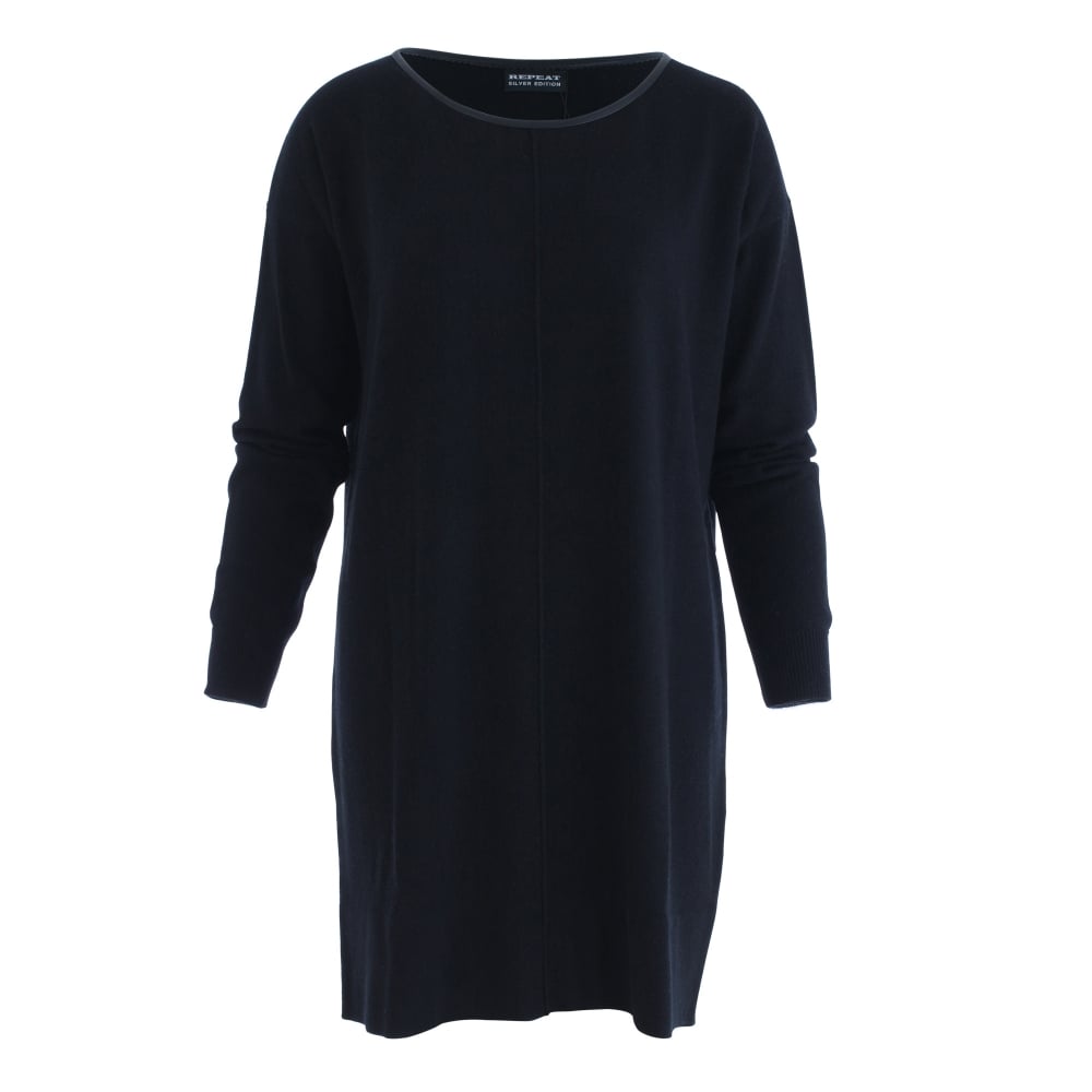 Repeat Cashmere Leather Trim Knitted Jumper Dress Top Black