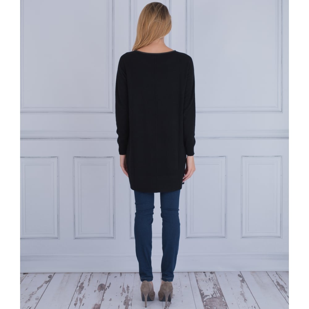 Repeat Cashmere Leather Trim Knitted Jumper Dress Top Black
