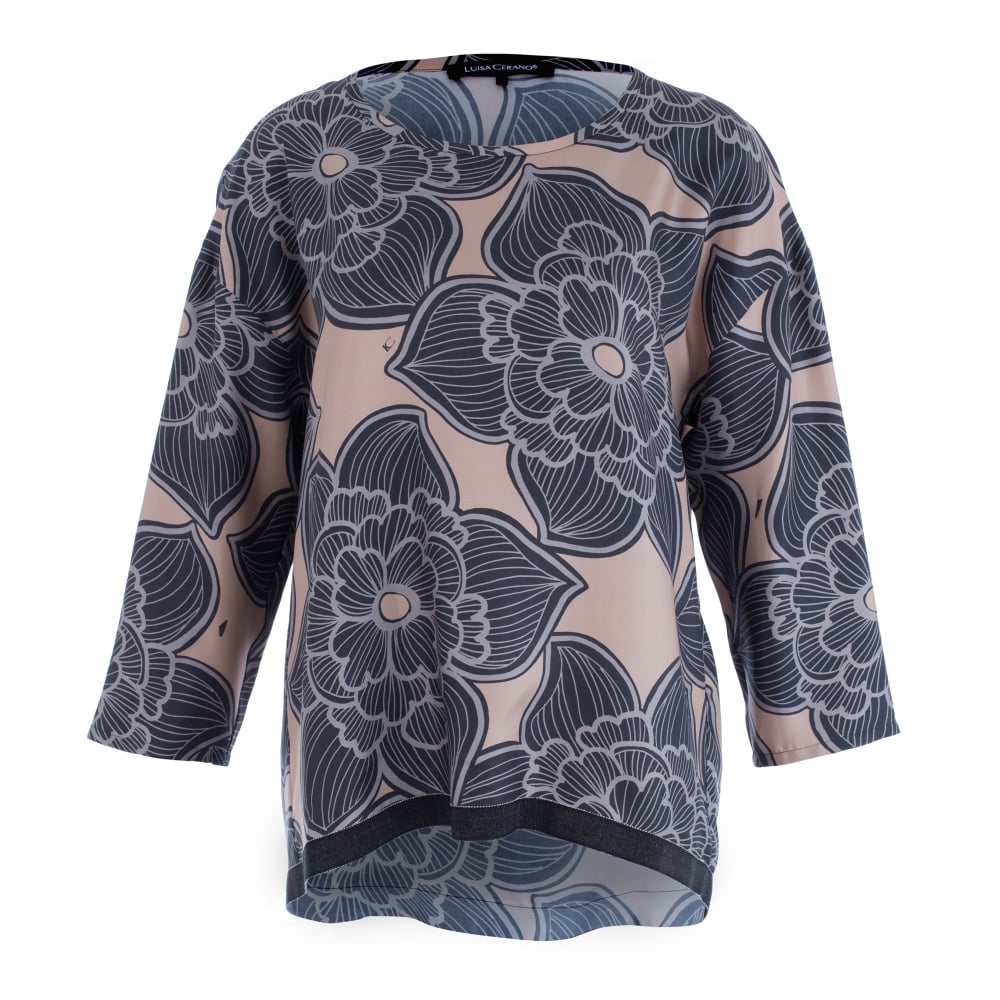 Luisa Cerano Silk Floral Print Blouse Grey/Nude
