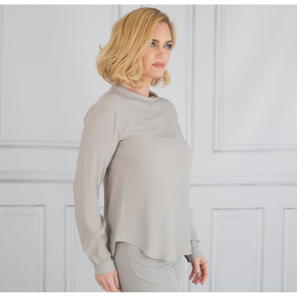 Riani Roll Neck Dip Back Silk Blouse Pearl Grey