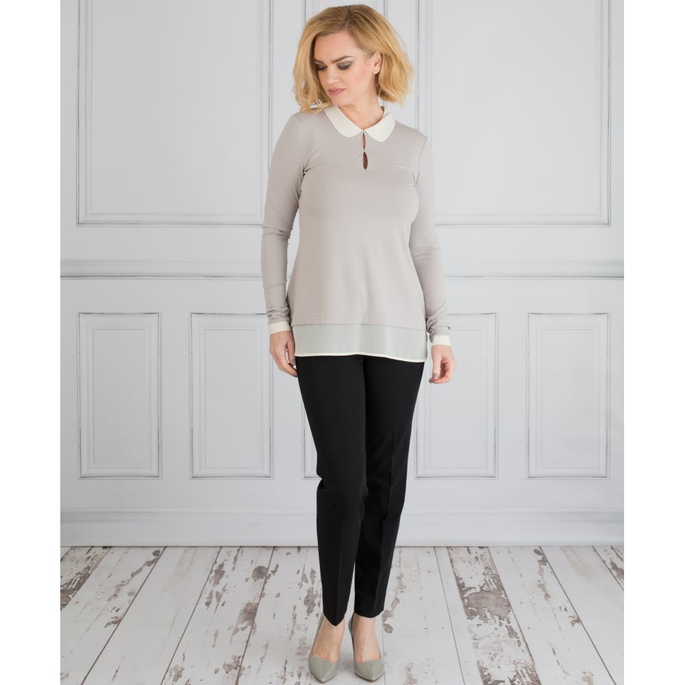 Riani Contrast Collar Layered Hem Top Grey/Cream