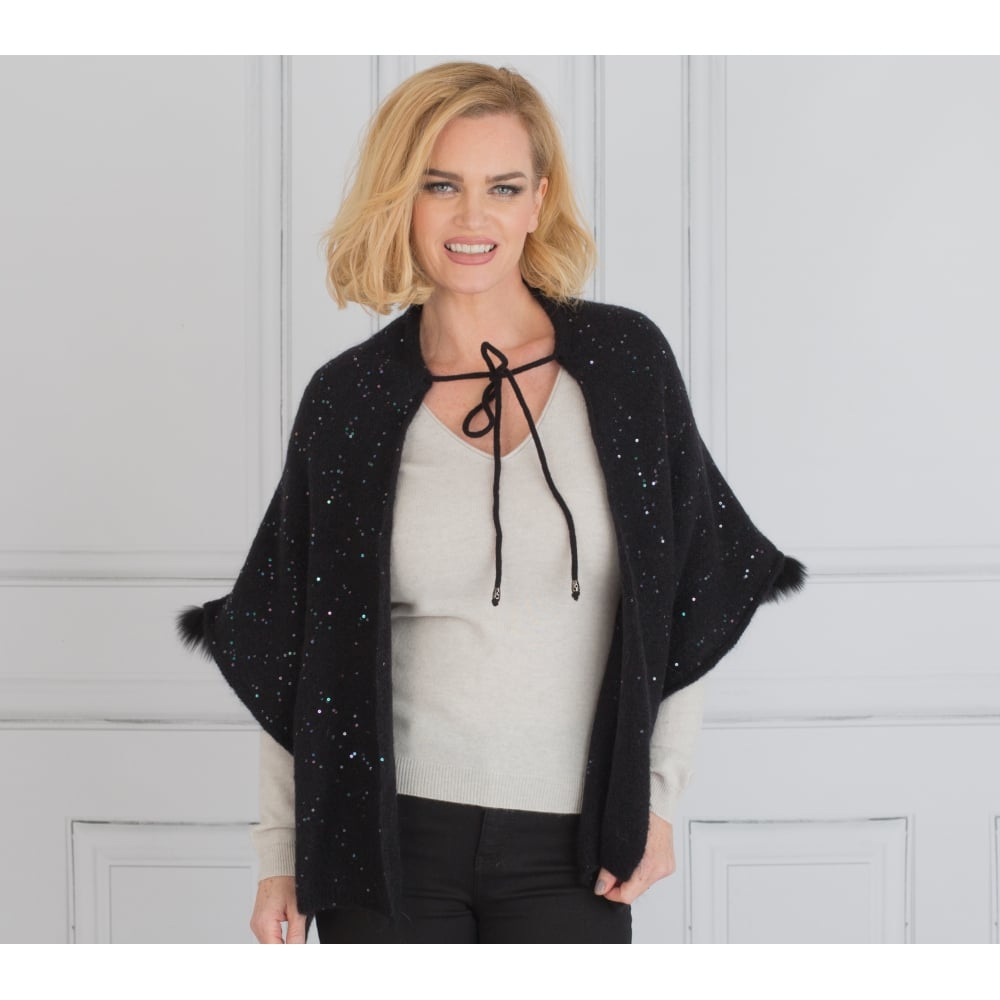 Vizio Knitted Sequin Scarf Wrap With Fur Trim Black
