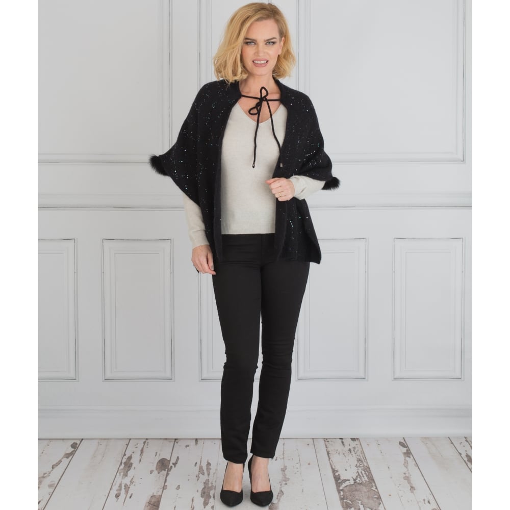 Vizio Knitted Sequin Scarf Wrap With Fur Trim Black