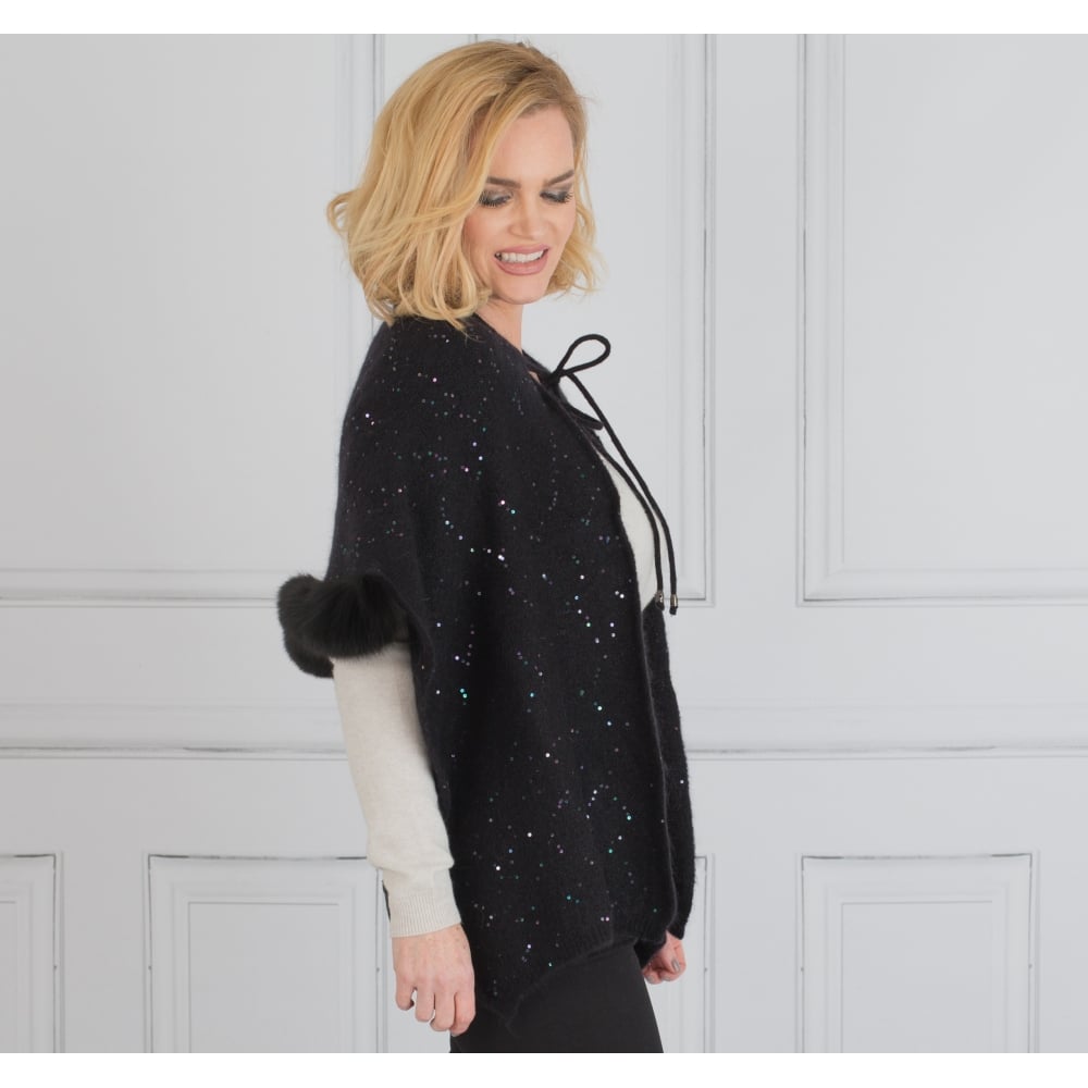 Vizio Knitted Sequin Scarf Wrap With Fur Trim Black