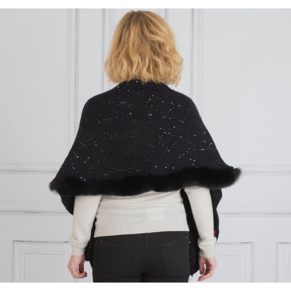 Vizio Knitted Sequin Scarf Wrap With Fur Trim Black