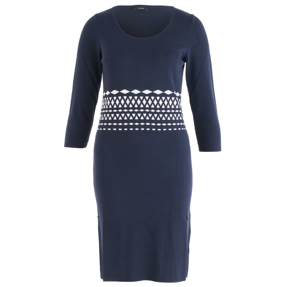 Riani Round Neck Knitted Dress With Waist Detail Navy/Cream