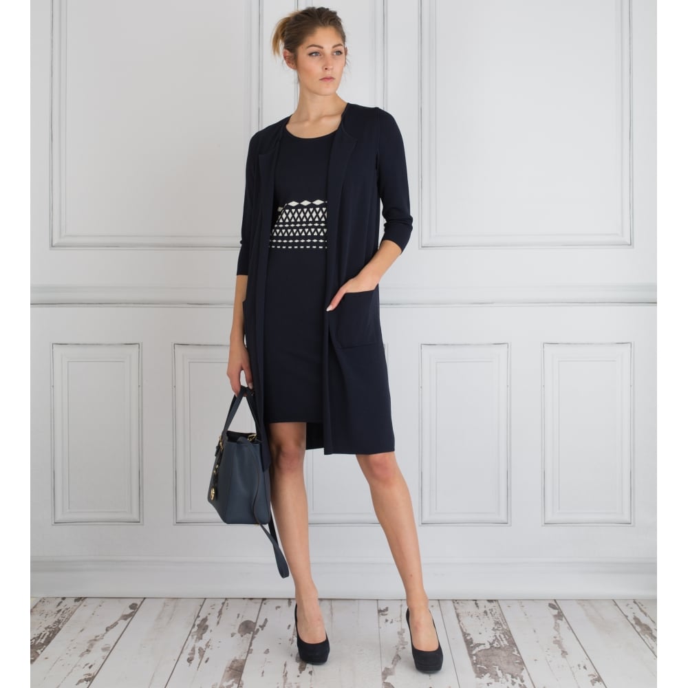 Riani Round Neck Knitted Dress With Waist Detail Navy/Cream