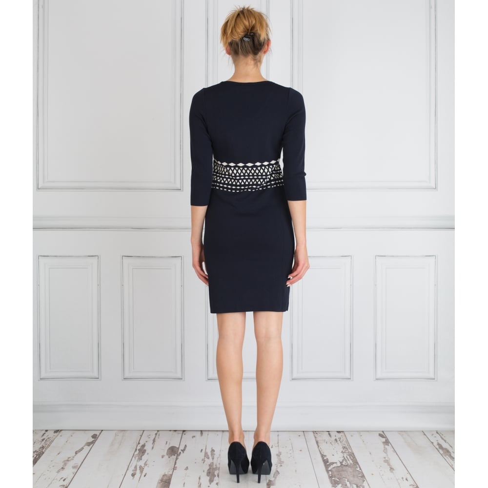 Riani Round Neck Knitted Dress With Waist Detail Navy/Cream