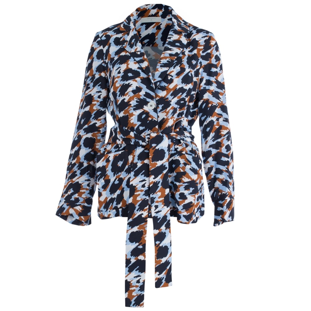 Beatrice B Printed Tie Waist Jacket Navy/Tan/Blue