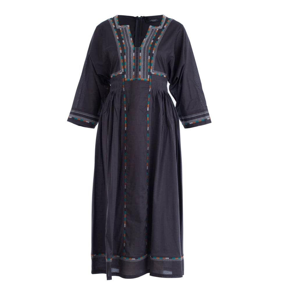 Weekend By Maxmara Arlem Folk Embroidered Long Cotton Dress Dark Brown