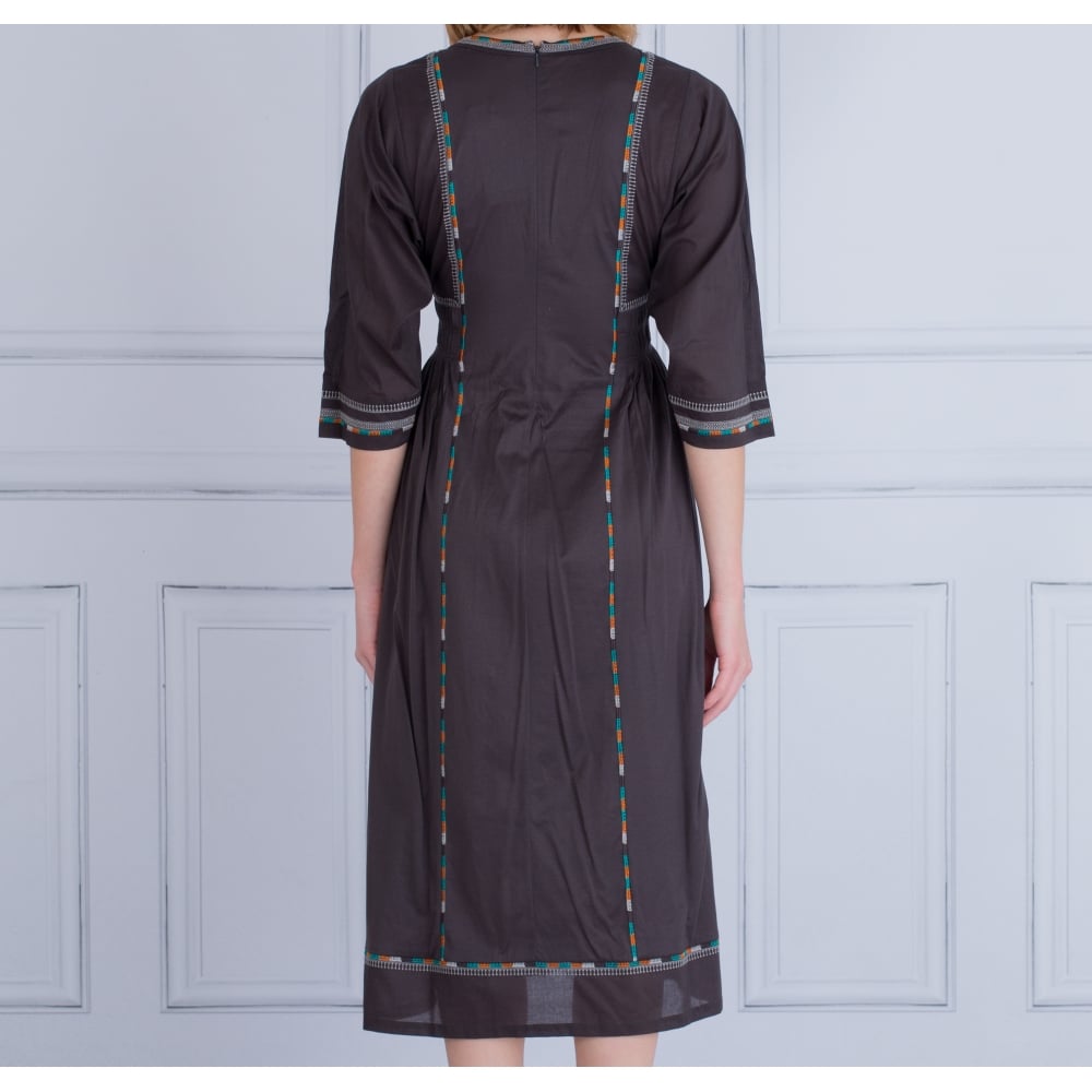 Weekend By Maxmara Arlem Folk Embroidered Long Cotton Dress Dark Brown