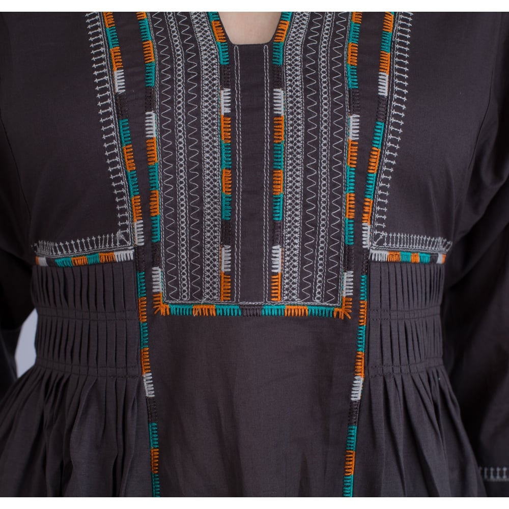 Weekend By Maxmara Arlem Folk Embroidered Long Cotton Dress Dark Brown