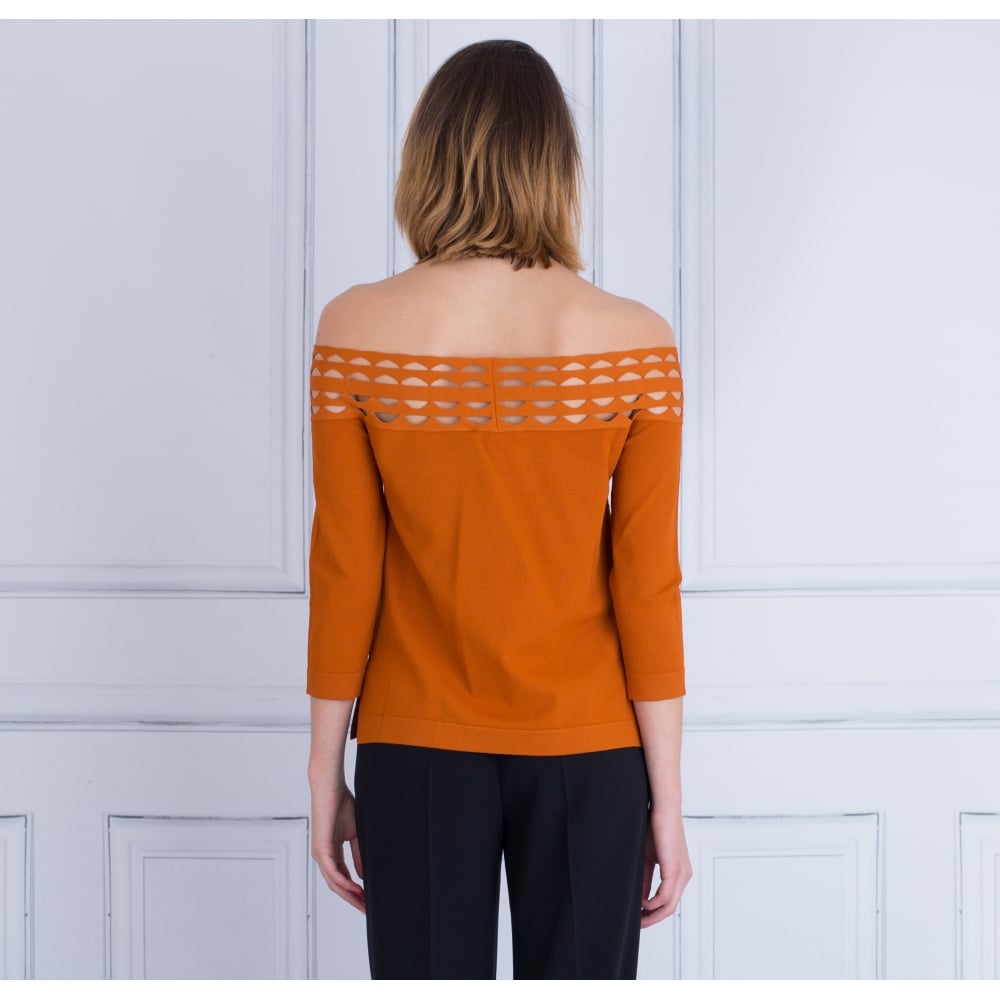 D.Exterior Off Shoulder Bardot Cut Out Jumper Burnt Orange