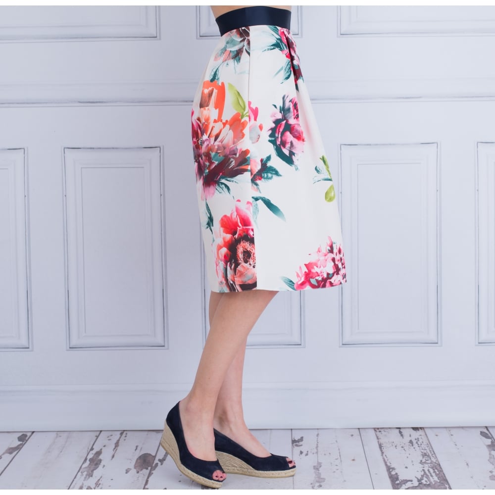 Fee G Pleated Flower Print Skirt White/Pink