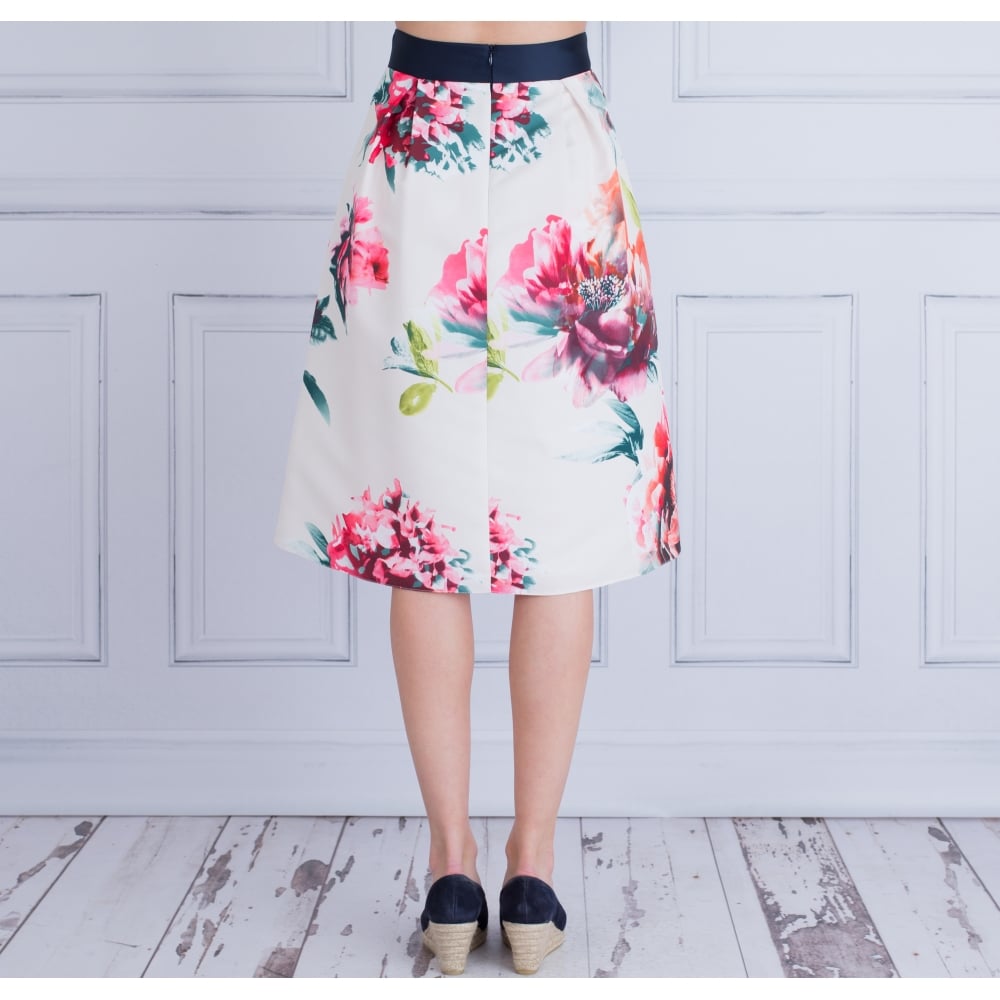 Fee G Pleated Flower Print Skirt White/Pink
