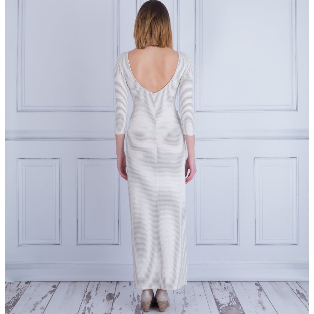 Moutaki Long V-Back Stripe Jersey Dress Cream & Grey