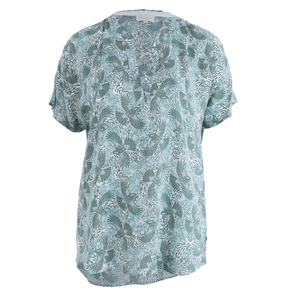 Milano Italy Bird Print Short Sleeve Blouse Green/White